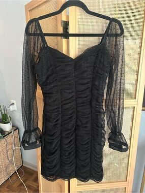 Haute Monde Black Ruched Mesh Mini Dress Sheer Sleeves Size L